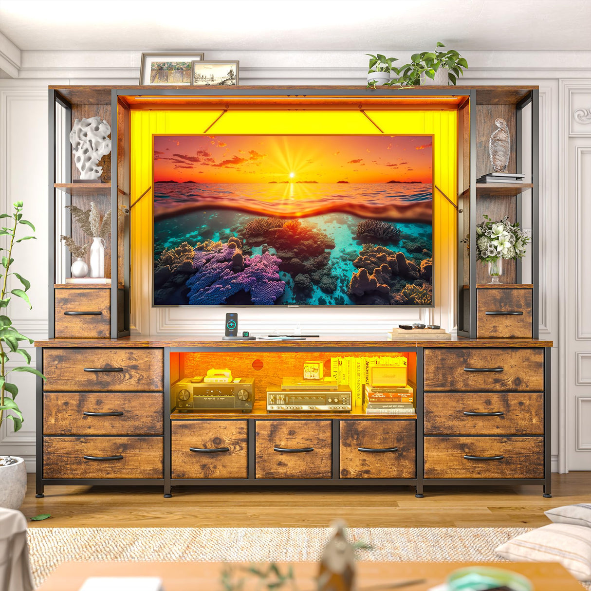 78.6" W TV Stands for Living Room, Large Wall Unit Entertainment Center with 11 Fabric Drawer,Dresser TV Stand with 2 LED Lights & Power Outlets,TV Stand for Bedroom with Storage Shelves,Brown EnHomee