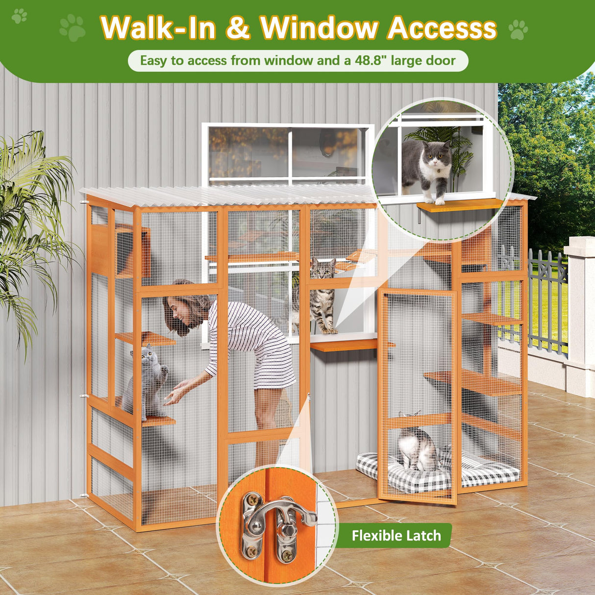 104" L Catio Outdoor Cat Enclosure Window, Wooden Walk-in Expandable Outdoor Large Cat Cattery for Multiple Kitties, Weatherpoof, Orange COZIVVOVV