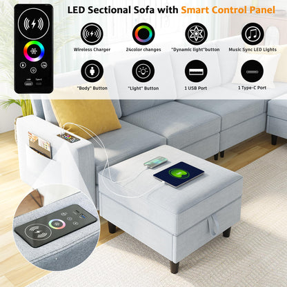 SKKTKT LED Sectional Couches for Living Room, Modular Sectional Sofa Set with Storage Ottomans, Oversized U Shaped Sofa Couch with Auto Sensor RGB Lights and Charging Station (Light Grey) - WoodArtSupply