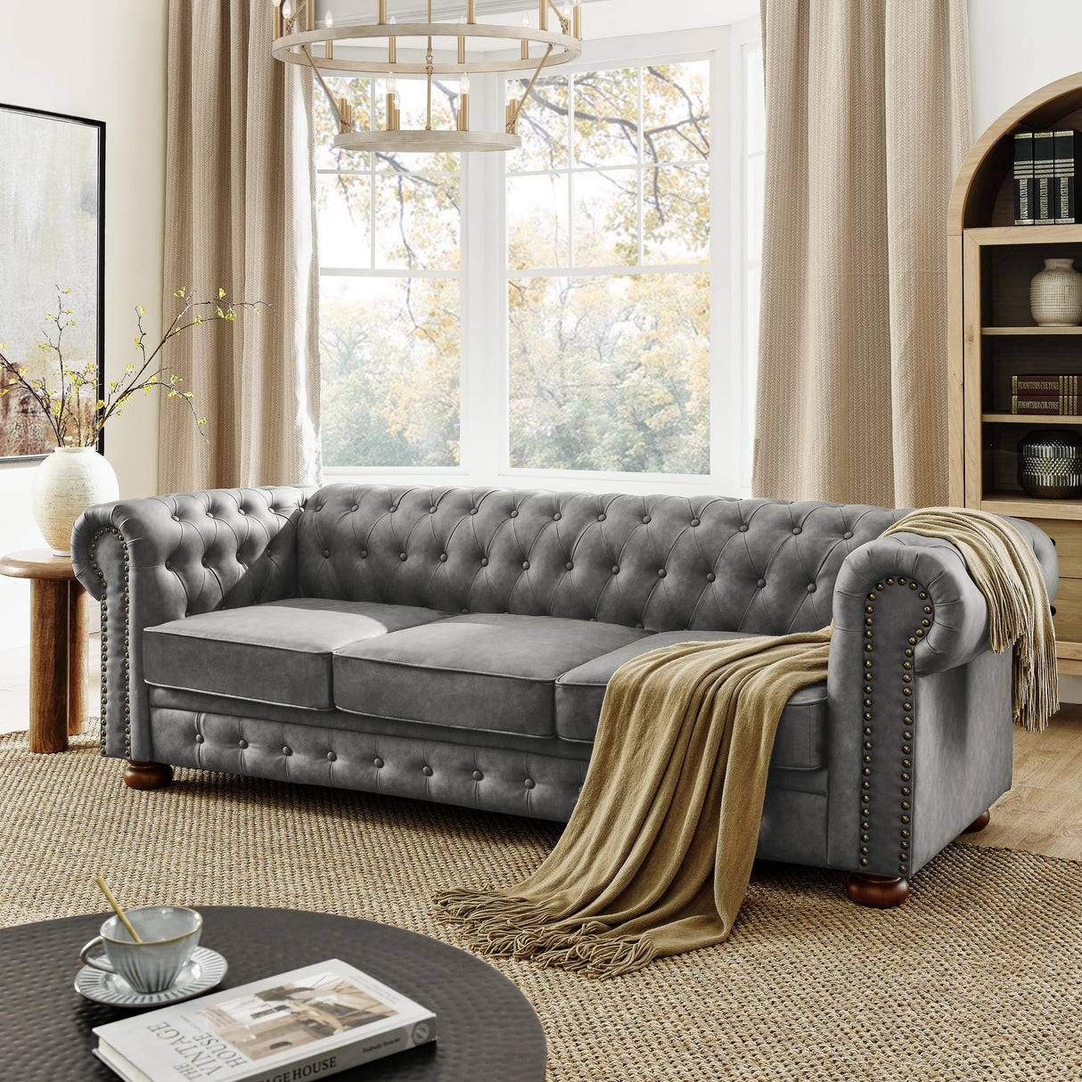 KEIKI 89" Chesterfield PU Tufted Button Sofa with Scrolled Arms, Classic Mid-Century 3-Seater Upholstered Couch with Nailhead Decoration, Easy Assembly, for Living Room, Bedroom, Office, Dark Gray KEIKI