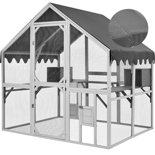 Catios for Cats Outdoor Patio Large Outdoor Cat Enclosure with Escape-Proof, Weatherproof for Multiple Cats Wooden Cat House, White-Grey LxWxH 74"x56.7"x73.6"