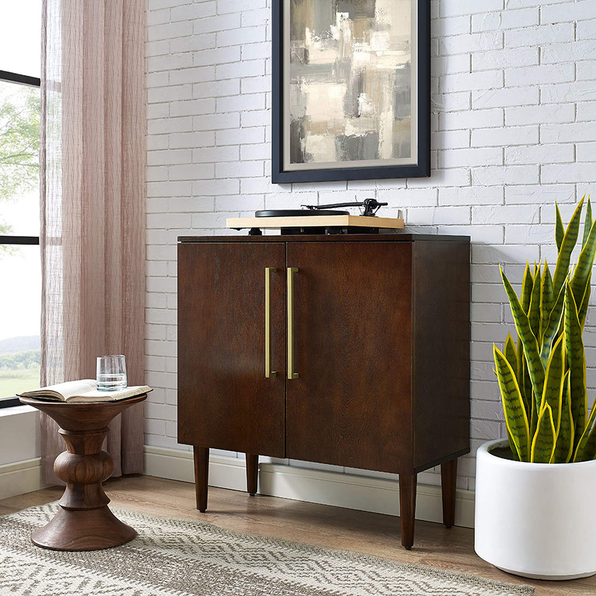 Crosley Furniture Everett Storage Cabinet and Record Player Stand with Vinyl Records Holder, Mahogany Crosley Furniture