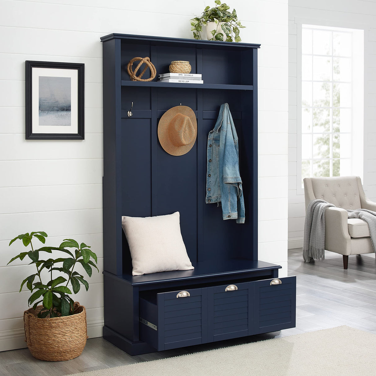 Crosley Furniture Ellison Hall Tree with Storage Bench and Coat Rack Hooks for Hanging, Navy Crosley Furniture