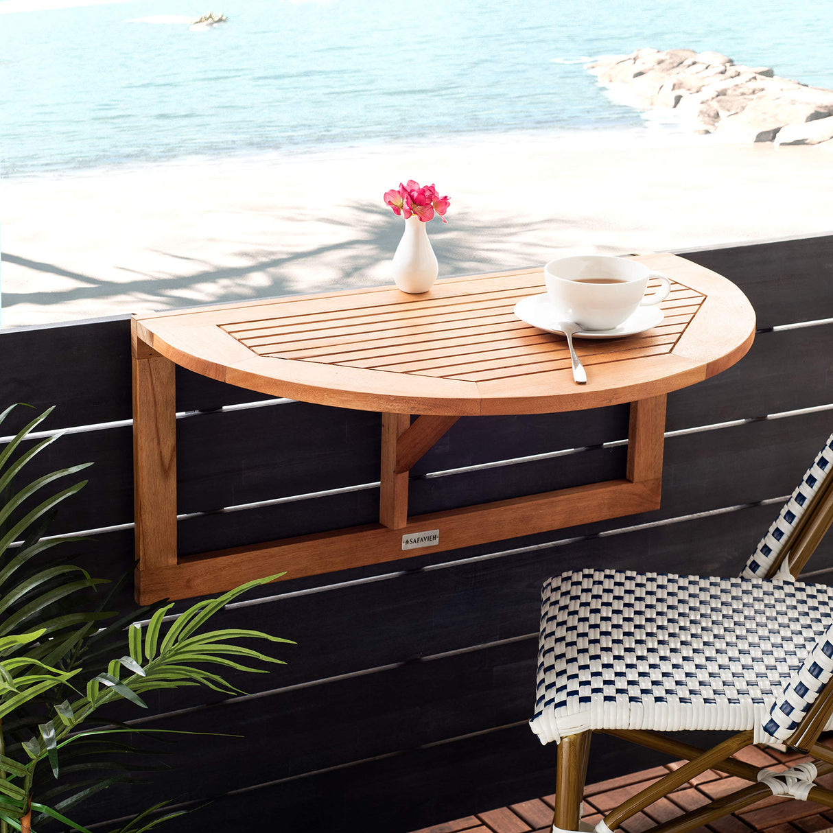 Safavieh PAT7045A Outdoor Collection Owens Natural teak wood Balcony Hanging Half Table SAFAVIEH