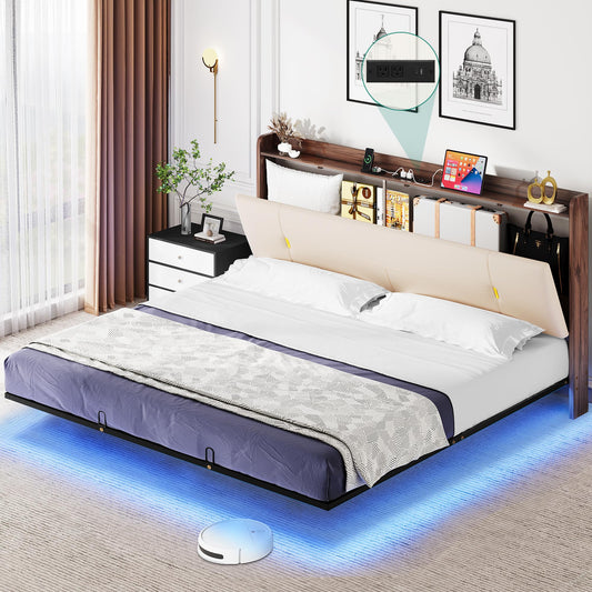 YITAHOME King Floating Bed Frame with Hidden Storage, RGB LED Lights & USB Charging – Light Grey PU Leather - WoodArtSupply