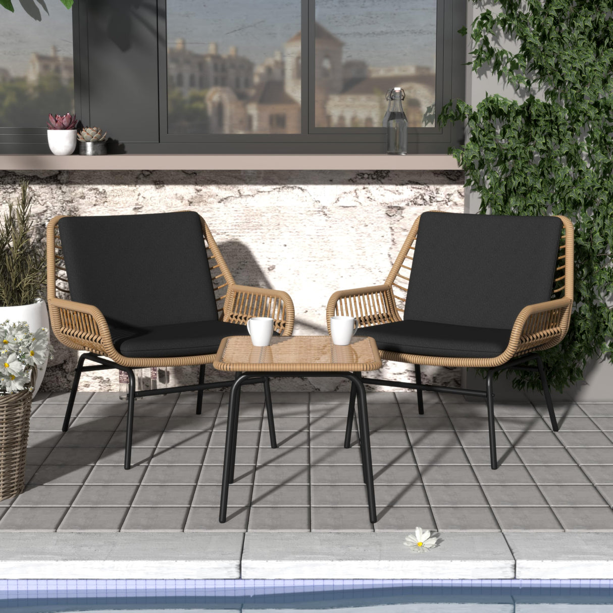 GREEN MORE 3 Piece Outdoor Patio Furniture Set, Rattan Conversation Sets, All-Weather Wicker Chairs with Cushions and Coffee Table, for Garden Balcony Courtyard Poolside GREEN MORE