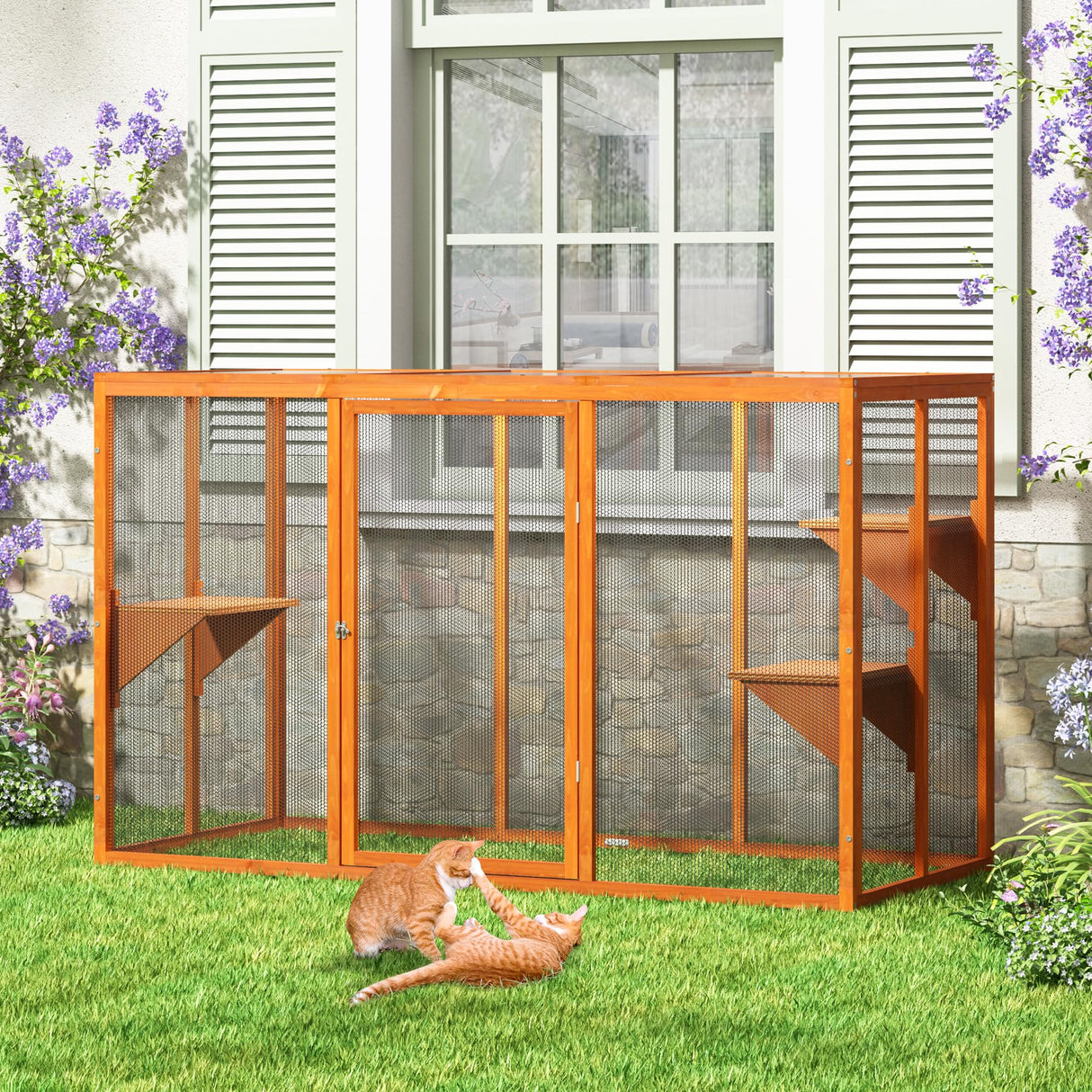 COZIVVOVV Wooden Cat House, Catio Outdoor Cat Enclosure, Large Cat Cage with 3 Platforms, Door and Asphalt Roof, Kitty Condo Indoor Playpen (Orange-New, Large) COZIVVOVV