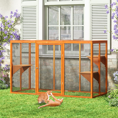 COZIVVOVV Wooden Cat House, Catio Outdoor Cat Enclosure, Large Cat Cage with 3 Platforms, Door and Asphalt Roof, Kitty Condo Indoor Playpen (Orange-New, Large) - WoodArtSupply