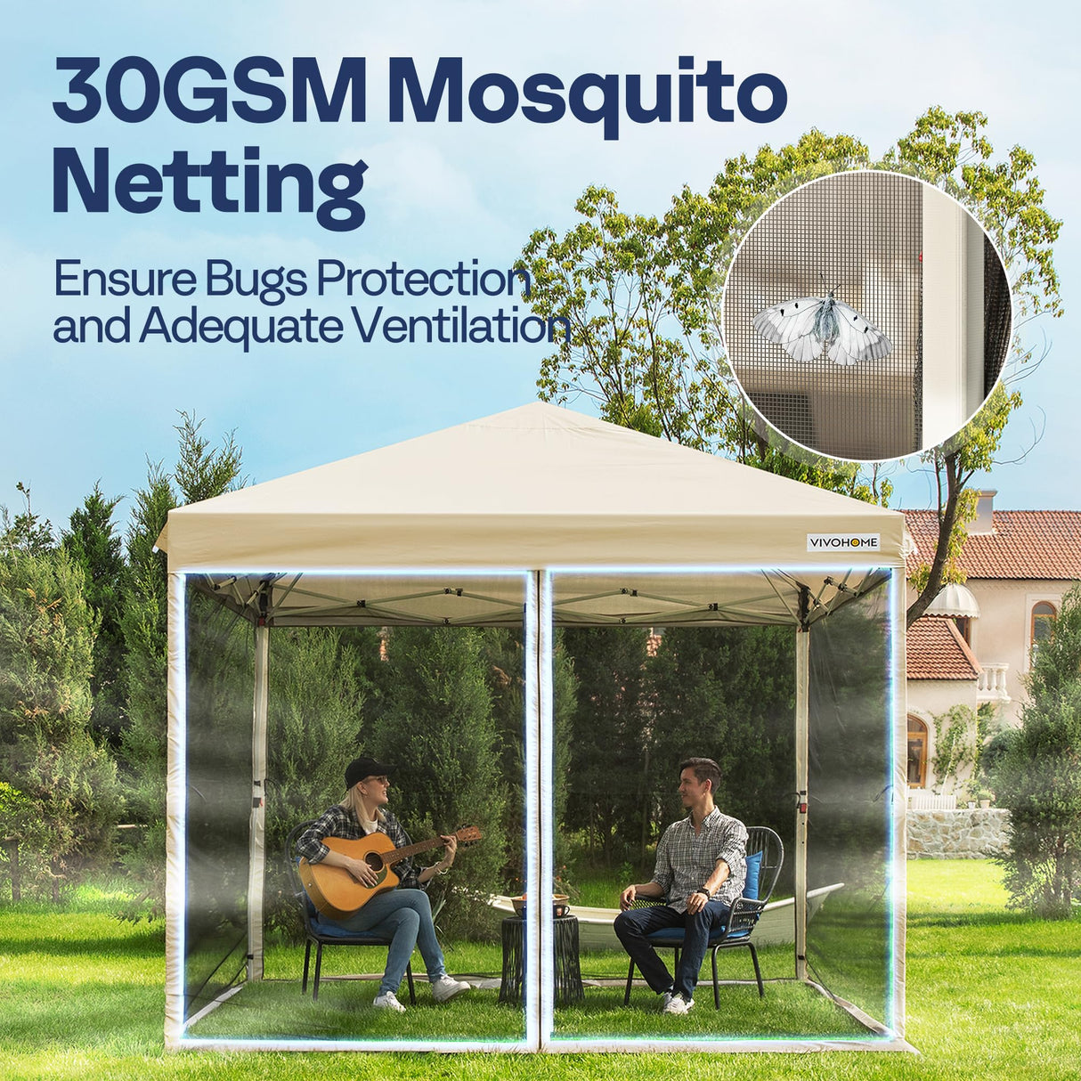 VIVOHOME 8x8ft Easy Pop-Up Screen Tent, Outdoor Canopy Tent with Mosquito Netting, 2 Zipper Doors, and Roller Bag for Yard Camping Picnic Party Events, Beige VIVOHOME