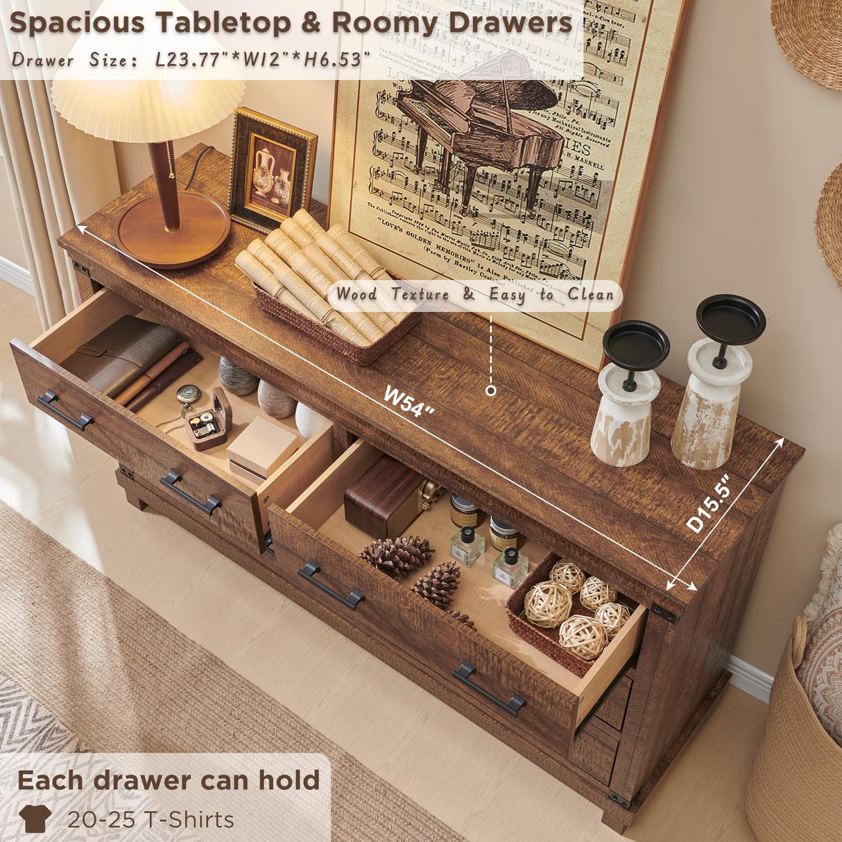 Farmhouse 6 Drawers Dresser for Bedroom, Wood Large Chest of Drawers with Thick Plank Styling, Rustic Closet Dresser for Bedroom, Living Room, Reclaimed Barnwood Color RedLemon