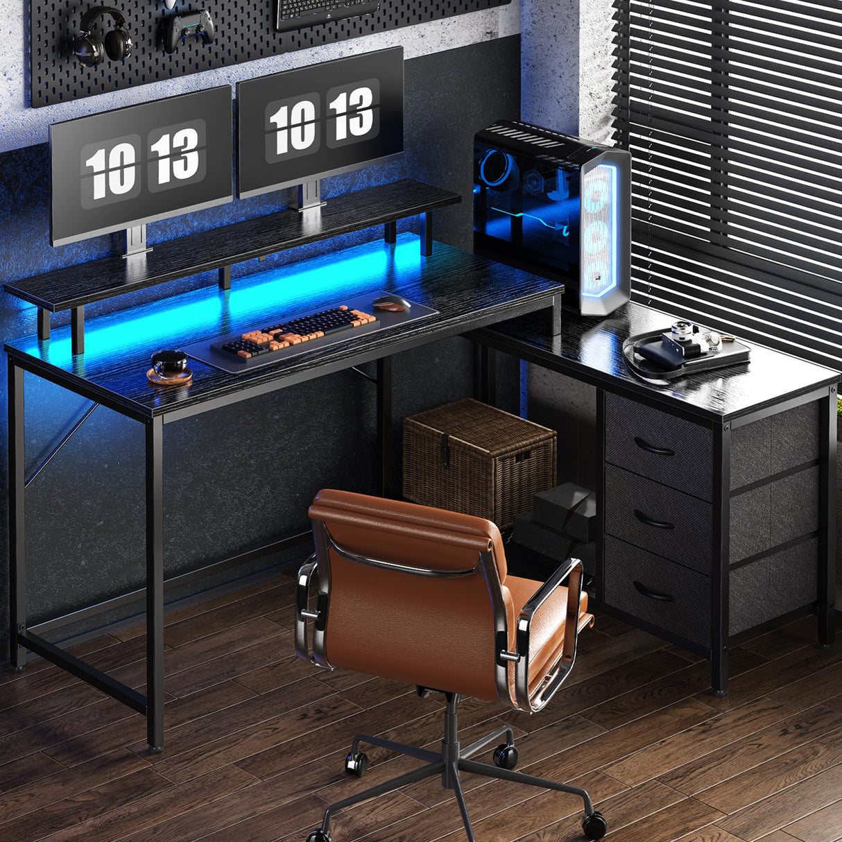 Huuger Reversible L-Shaped Gaming and Office Desk with LED Lighting, Power Outlets, and Drawers in Black Huuger