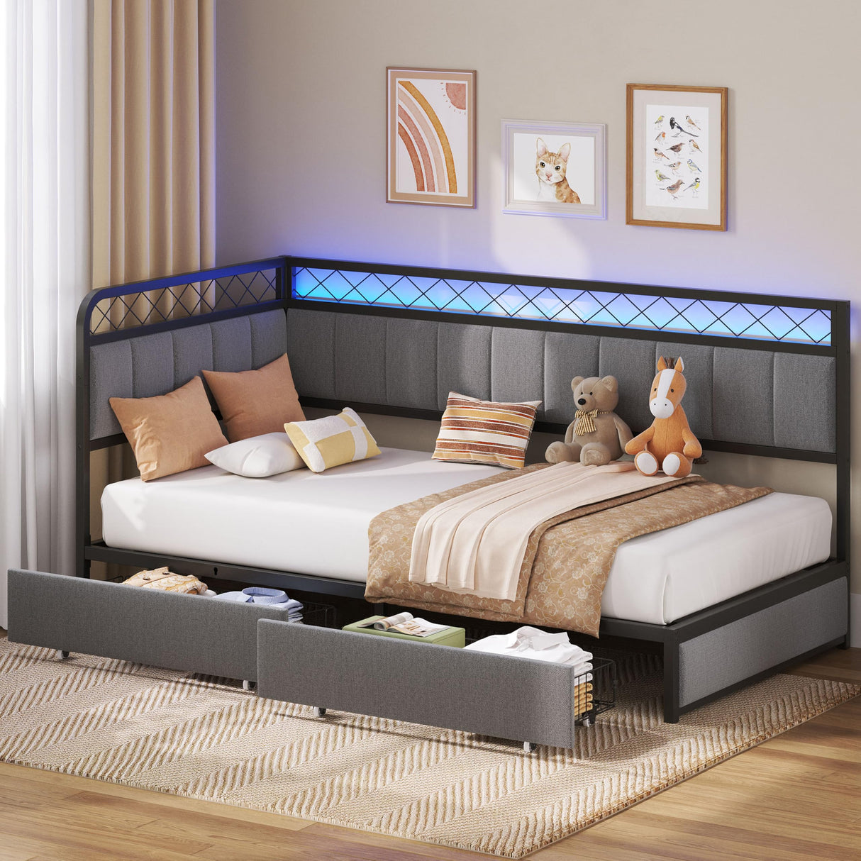 ANCTOR Twin Daybed with 2 Storage Drawers, Corner Bed Frame with LED and Charging Station, Metal Platform Daybed Frame for Living Room, Bedroom and Guest Room, Gray ANCTOR