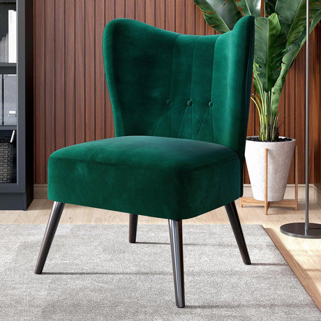 BELLEZE Modern Velvet Accent Chair, Wingback Small Upholstered Reading Chair with Solid Wood Legs, Comfy Tufted Button Armless Corner Chair for Living Room, Bedroom - Sheila (Green) BELLEZE
