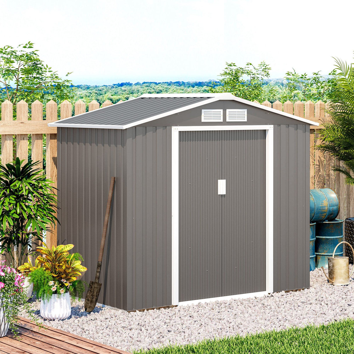 Outsunny 7' x 4' Outdoor Storage Shed, Garden Tool Metal Shed with Foundation Kit, Double Lockable Door, Air Vents and Sloping Roof, for Backyard, Patio, Lawn, Gray Outsunny