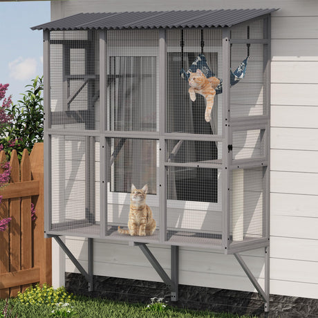 KEIKI 77" H Cat House Outdoor Catio for Cats, Weatherproof Large Walk-in Window-Mounted Cat Enclosure with 3 Access Doors, Multi-Level Cat Playhouse, Secure Outdoor Cat House, Gray KEIKI