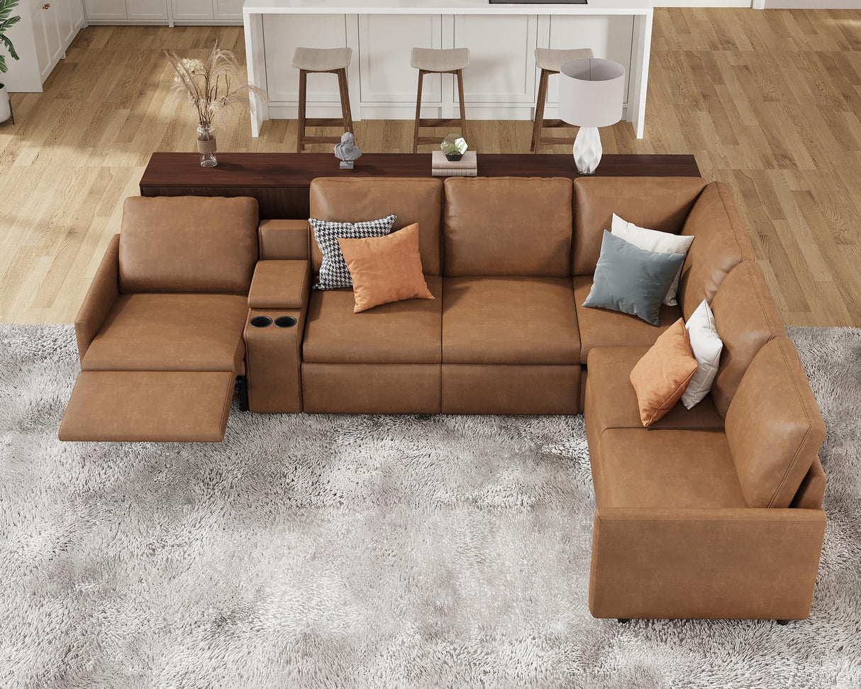 AMERLIFE Single Left Power Recliner Sofa, Reclining Sectional Sofa with Console, 6 Seats L Shaped Couch with Cup Holder& Charging Socket, Leather Modular Sofa for Living Room AMERLIFE