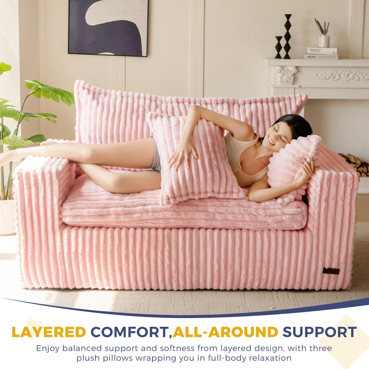 MAXYOYO Bean Bag Chair for Living Room, Upholstered Loveseat Sofa Couch with Deep Seating, Wide Armrests Boneless Couch Sofa in a Box for Bedroom Office Apartment, No Assembly, Pink MAXYOYO