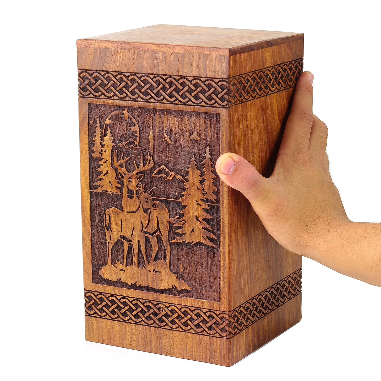 Wooden Handmade Handcrafted Laser Etching Engraved Cremation Burial & Memorial Urn for Ash Remains Storage | Adult Pet Human (Deer Christmas Generic