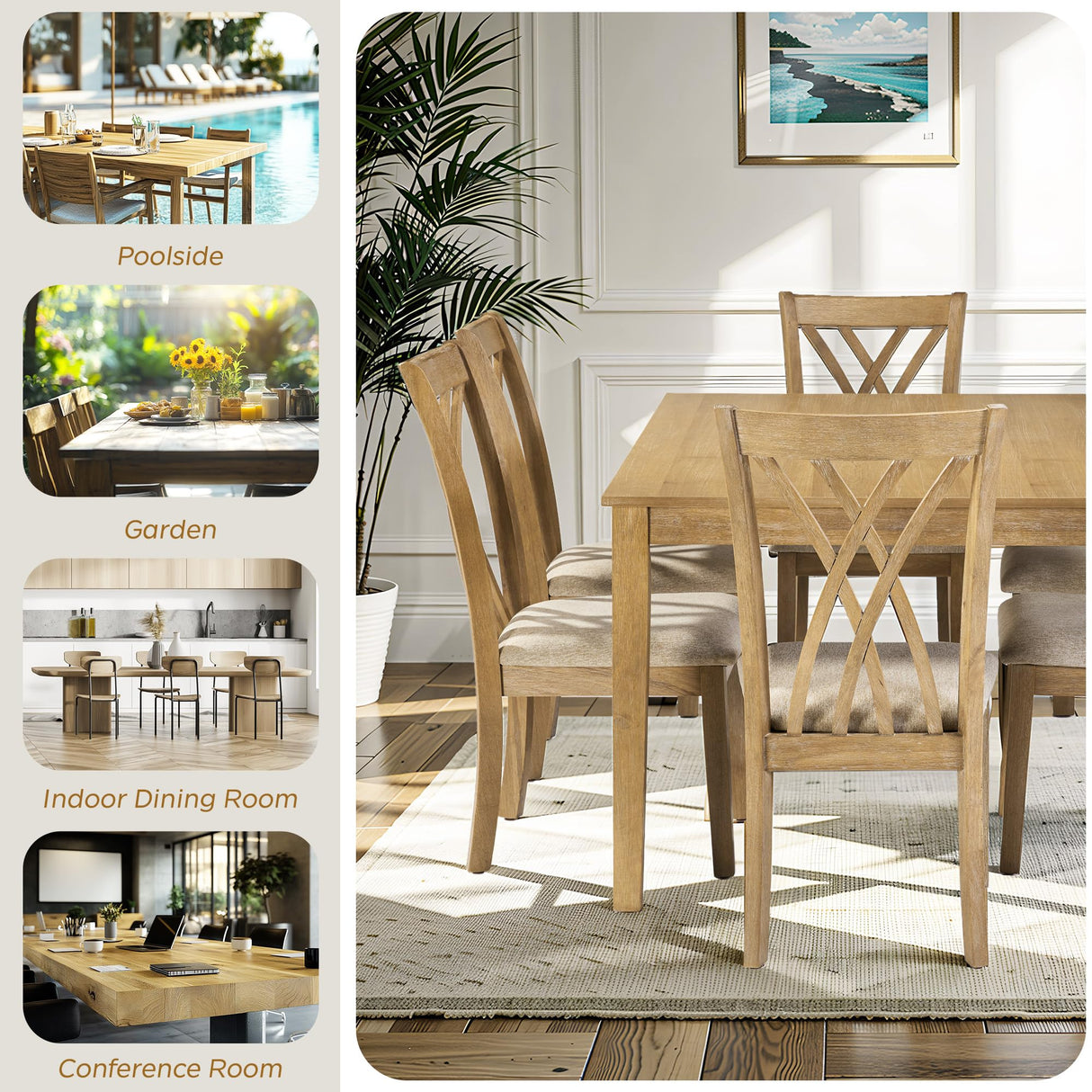 7-Piece Farmhouse Dining Table Set with 6 Upholstered Chairs & 60-Inch Solid Wood Table, Whitewash Finish - Rustic Kitchen Furniture, Padded Seats, Comfortable Dining Room Set for 6 SDHYL