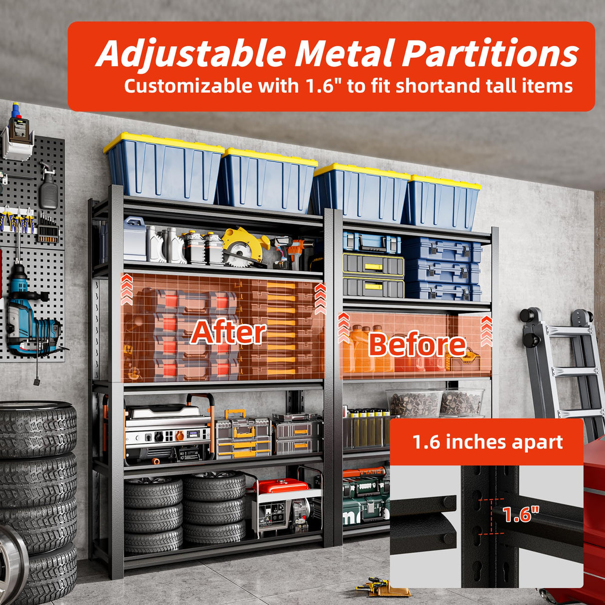 Welfiya 59" W Garage Shelving,5-Tier Heavy Duty Shelving Unit,3000LBS Adjustable Metal Storage Shelves,Storage Rack Units for Industrie,Shed,Warehouse,Basement,Black,59" W x 20" D x 72" H Welfiya