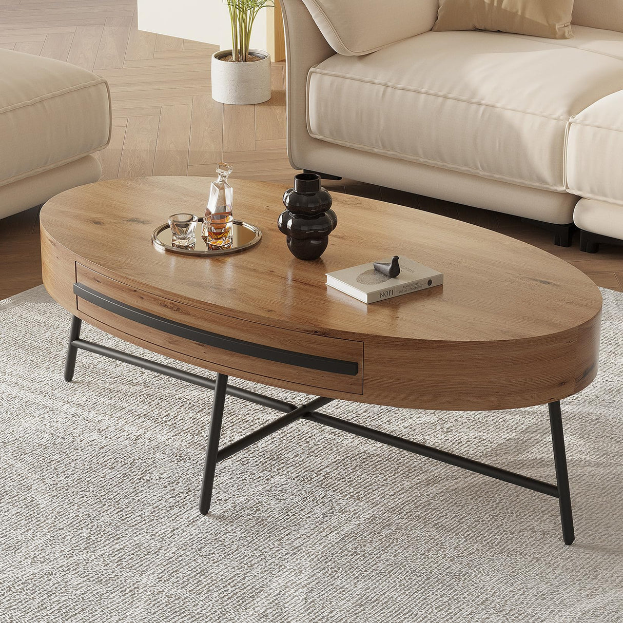 GarveeHome Oval Coffee Table with Drawer Mid-Century Modern Center Table 47.2“ Wooden Coffee Table with Storage and Cross Metal Legs Unique Curved Design for Living Room (Natural) GarveeHome