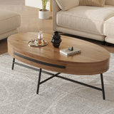 GarveeHome Oval Coffee Table with Drawer Mid-Century Modern Center Table 47.2“ Wooden Coffee Table with Storage and Cross Metal Legs Unique Curved Design for Living Room (Natural) GarveeHome