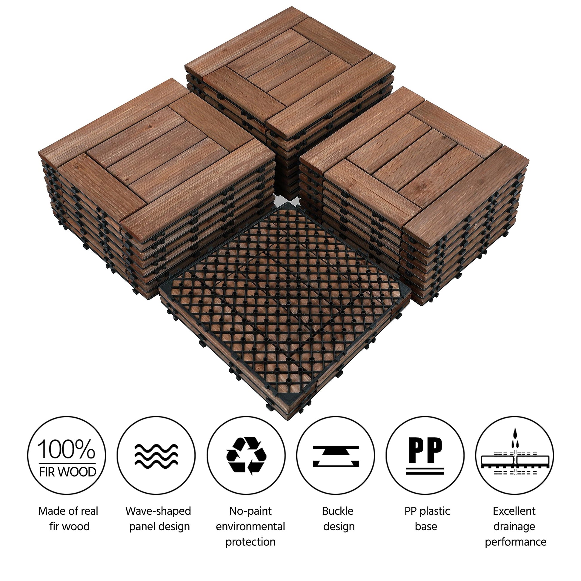 Yaheetech 27PCS Wooden Flooring Patio Deck Tiles Interlocking Tiles Patio Solid Wood and Plastic Indoor&Outdoor 12 x 12in Brown - WoodArtSupply