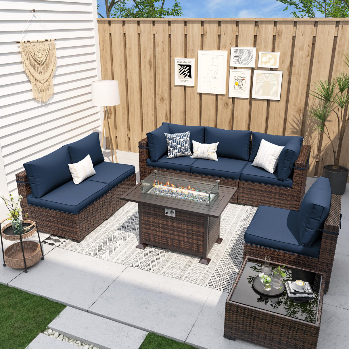 UDPATIO Patio Furniture Sets, Modular Rattan Outdoor Patio Sectional Furniture Sofa Set, Wicker Patio Conversation Set for Backyard, Deck, Poolside, 2PC Brown/Blue UDPATIO