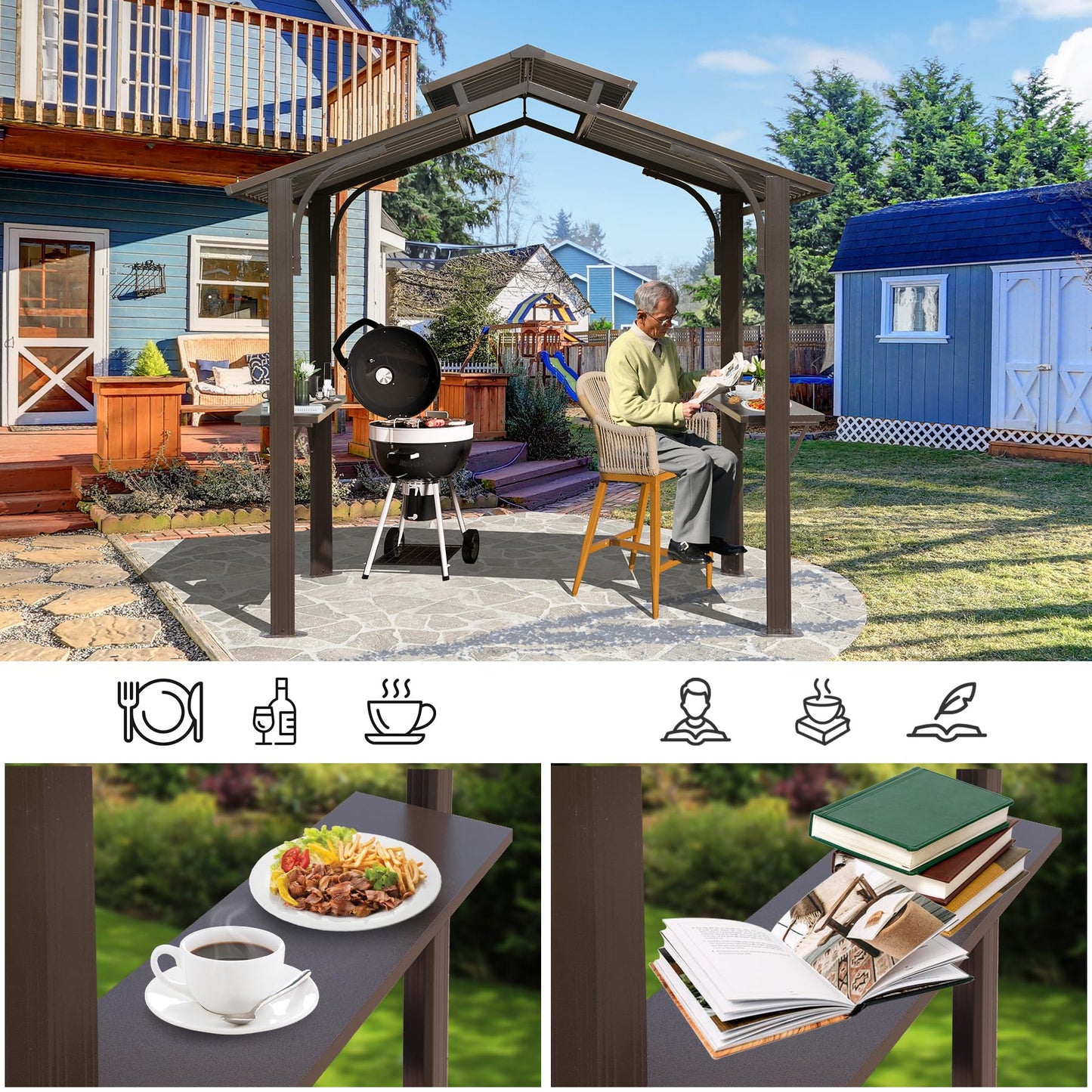 Domi Hardtop Grill Gazebo 8x5FT, Grill Canopy for Outdoor Grill w/Double Galvanized Steel Roof, 2 Side Shelves and Ceiling Hooks, BBQ Gazebo Grill Tent for Patio Garden Backyard, Brown - WoodArtSupply