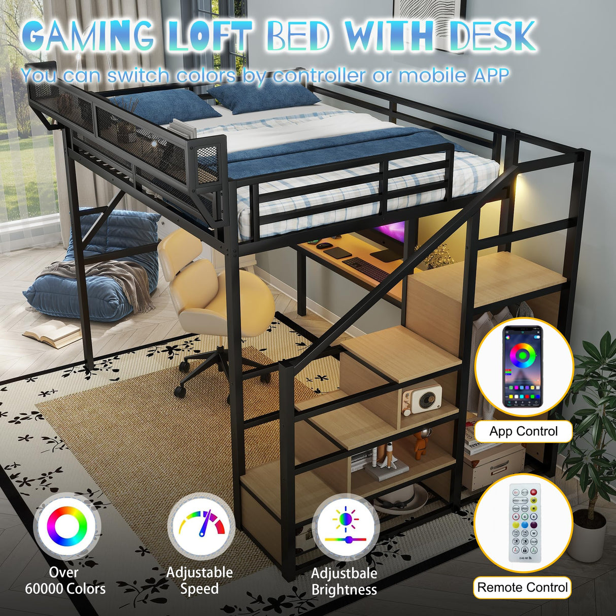 MoproBeti Queen Size Loft Bed with Stairs and Desk, Metal Lofts Bed Queen with Upper Storage Shelf, Gaming LoftBed with LED, Charging Station and Wardrobe for Teens, Adults,Black MoproBeti
