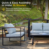 EAST OAK Patio Furniture Set, 4-Piece Outdoor Patio Set with Sofa, Removable & Washable Deep Seating Cushion, Tempered Glass Table, Outside Patio Conversation Sets, Light Gray & Black EAST OAK
