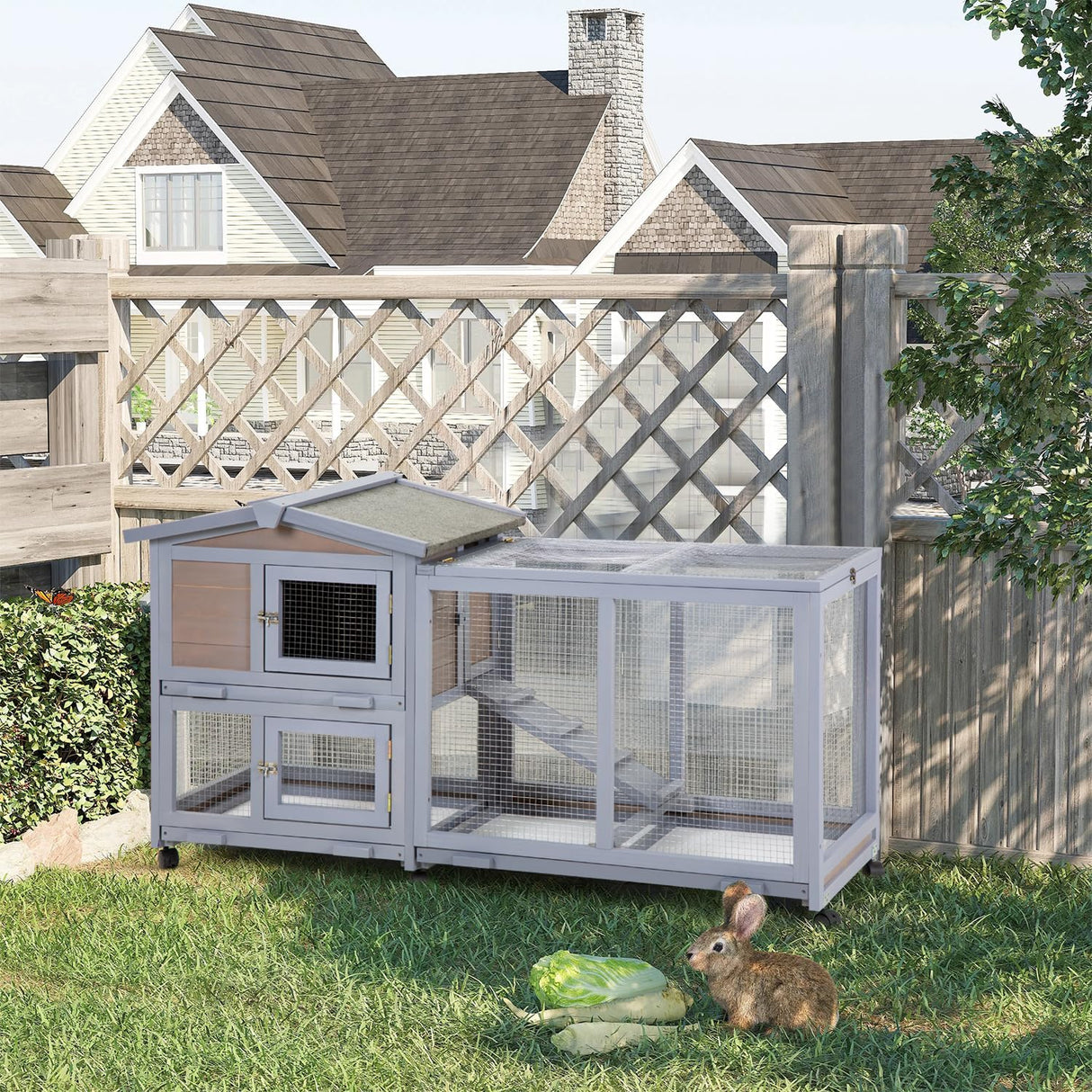PayLessHere Rabbit Hutch Wooden Rabbit Cage Two Layers Chicken Coop Outdoor Indoor Bunny Cage Guinea Pig Cage Waterproof Roof Bunny Hutch with Casters and Tray PayLessHere
