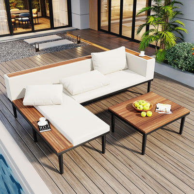 Modern Acacia Wood Patio Furniture Set with Removable Cushions, Coffee Table and Side Table, Outdoor L-Shaped Conversation Sectional Sofa for Backyard, Porch (Beige/L2)