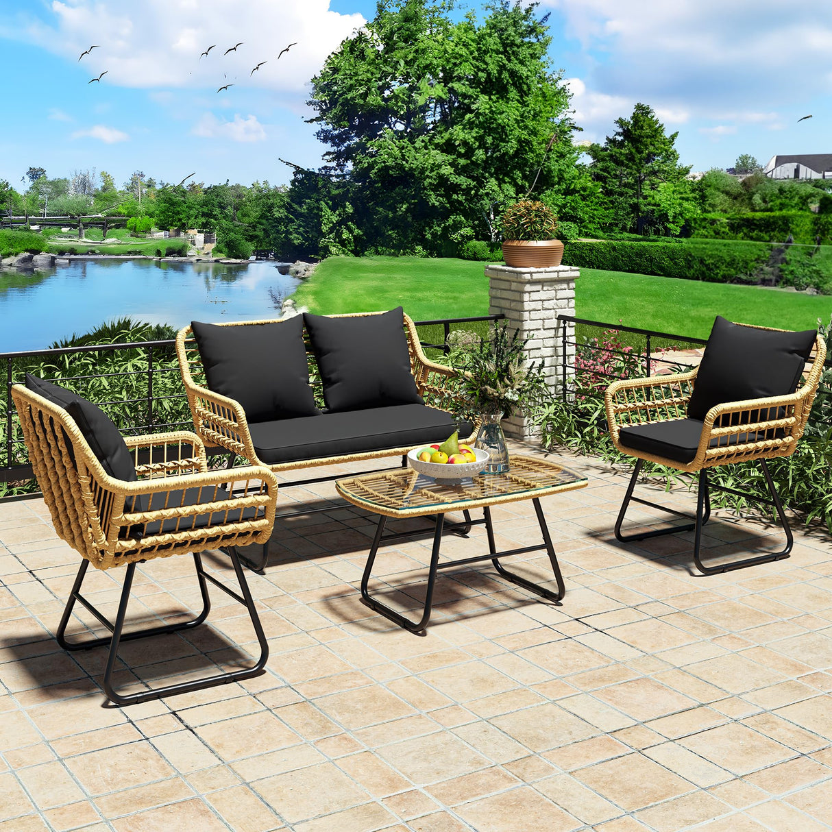 YITAHOME Patio Furniture Wicker Outdoor Bistro Set, 4-Piece All Weather Patio Furniture Rattan Conversation Loveseat Sets for Backyard, Balcony and Deck, Light Brown+Black YITAHOME