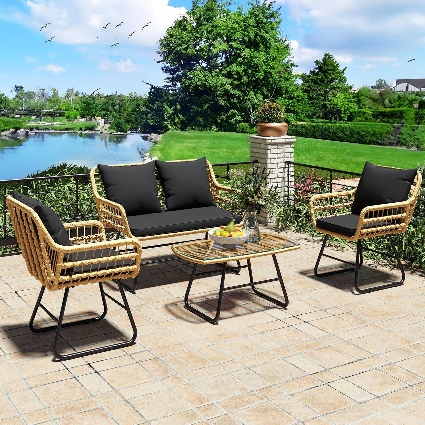 YITAHOME Patio Furniture Wicker Outdoor Bistro Set, 4-Piece All Weather Patio Furniture Rattan Conversation Loveseat Sets for Backyard, Balcony and Deck, Light Brown+Black