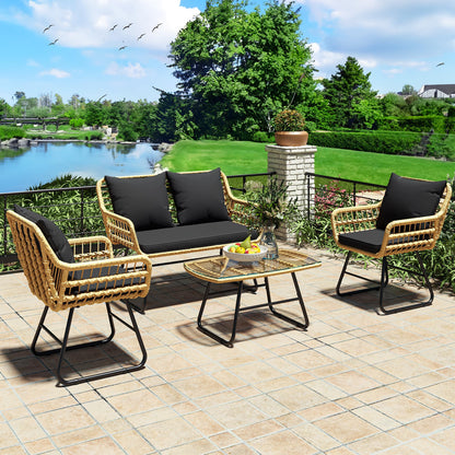 YITAHOME Patio Furniture Wicker Outdoor Bistro Set, 4-Piece All Weather Patio Furniture Rattan Conversation Loveseat Sets for Backyard, Balcony and Deck, Light Brown+Black