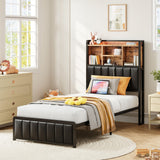 ANCTOR Twin Size Bed Frame with Upholstered Headboard and LED Light, Strong Platform Bed with Charging Station,No Box Spring Needed ANCTOR