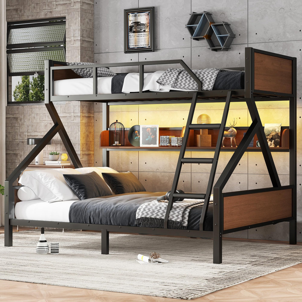 Twin XL Over Queen Bunk Bed with Storage Shelf and RGB LED Lights, Adults Bunk Bed with Angle Padded Ladder, Heavy Duty Bunk Beds with Noise-Reducing Rubber Stoppers, Black Bellemave