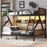 Twin XL Over Queen Bunk Bed with Storage Shelf and RGB LED Lights, Adults Bunk Bed with Angle Padded Ladder, Heavy Duty Bunk Beds with Noise-Reducing Rubber Stoppers, Black Bellemave