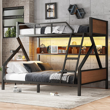 Twin XL Over Queen Bunk Bed with Storage Shelf and RGB LED Lights, Adults Bunk Bed with Angle Padded Ladder, Heavy Duty Bunk Beds with Noise-Reducing Rubber Stoppers, Black Bellemave