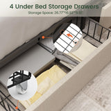 LARMACE King Size Bed Frame with 4 Storage Drawers and Tufted Headboard Linen Upholstered Platform Bed Frame with Heavy Duty Wood Slats, No Box Spring Needed, Easy Assembly, Beige LARMACE