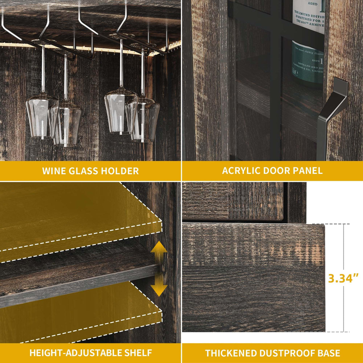 DWVO 53" Corner Bar Cabinet with Glass Door & LED Lights, Farmhouse Wine Cabinet with Glass Holder, 4-Tiers Liquor Cabinet Bar for Home Kitchen, Dining Room, Living Room, Dark Rustic Oak DWVO