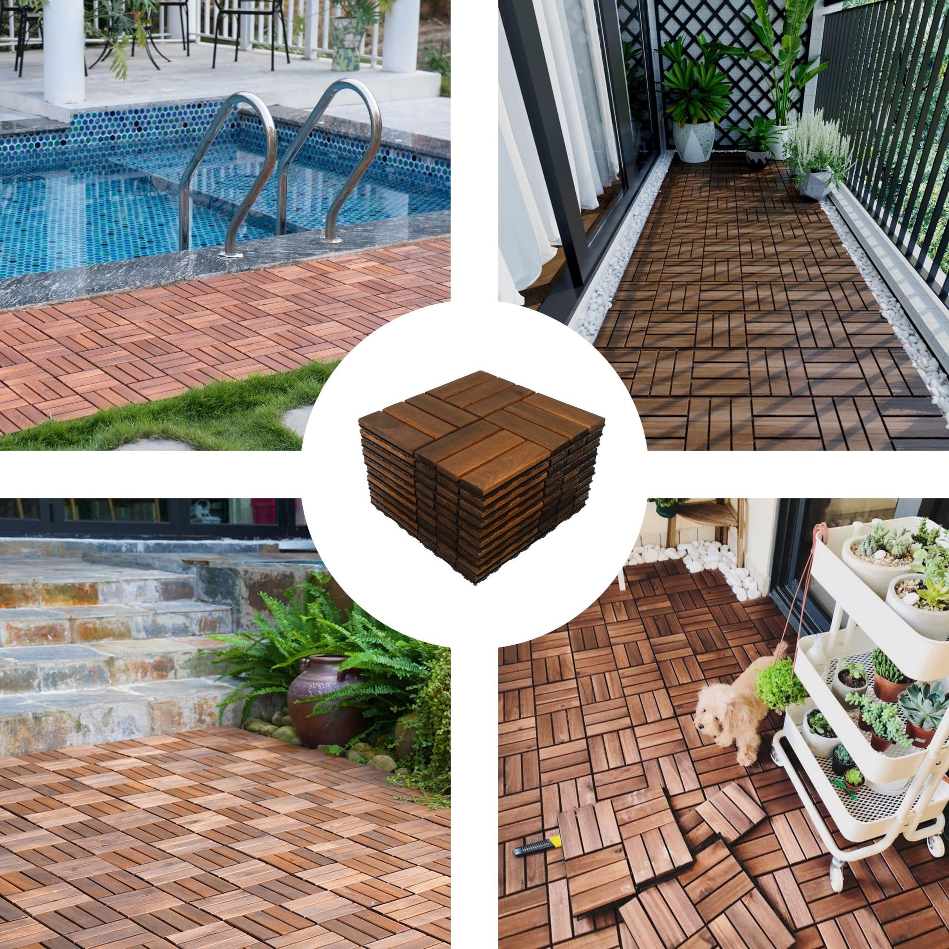 Dolonm Interlocking Solid Wood Deck Tiles, Golden Teak Wood for Flooring Tiles, for Patio Balcony Waterproof Both Indoor and Outdoor Decking Tile Brown 12 x 12 x 0.7 inches Pack of 20 - WoodArtSupply