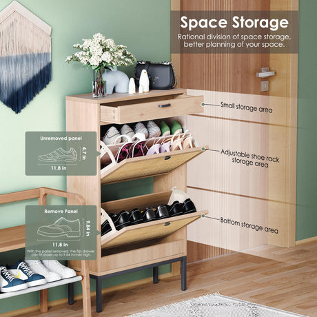 Yechen Shoe Rack Storage Organizer with 2 Natural Rectangular Rattan Doors, Entryway Wooden Shoe Cabinet for Sneakers, Leather Shoes, High Heels, Slippers (1 Piece, Oak) Yechen