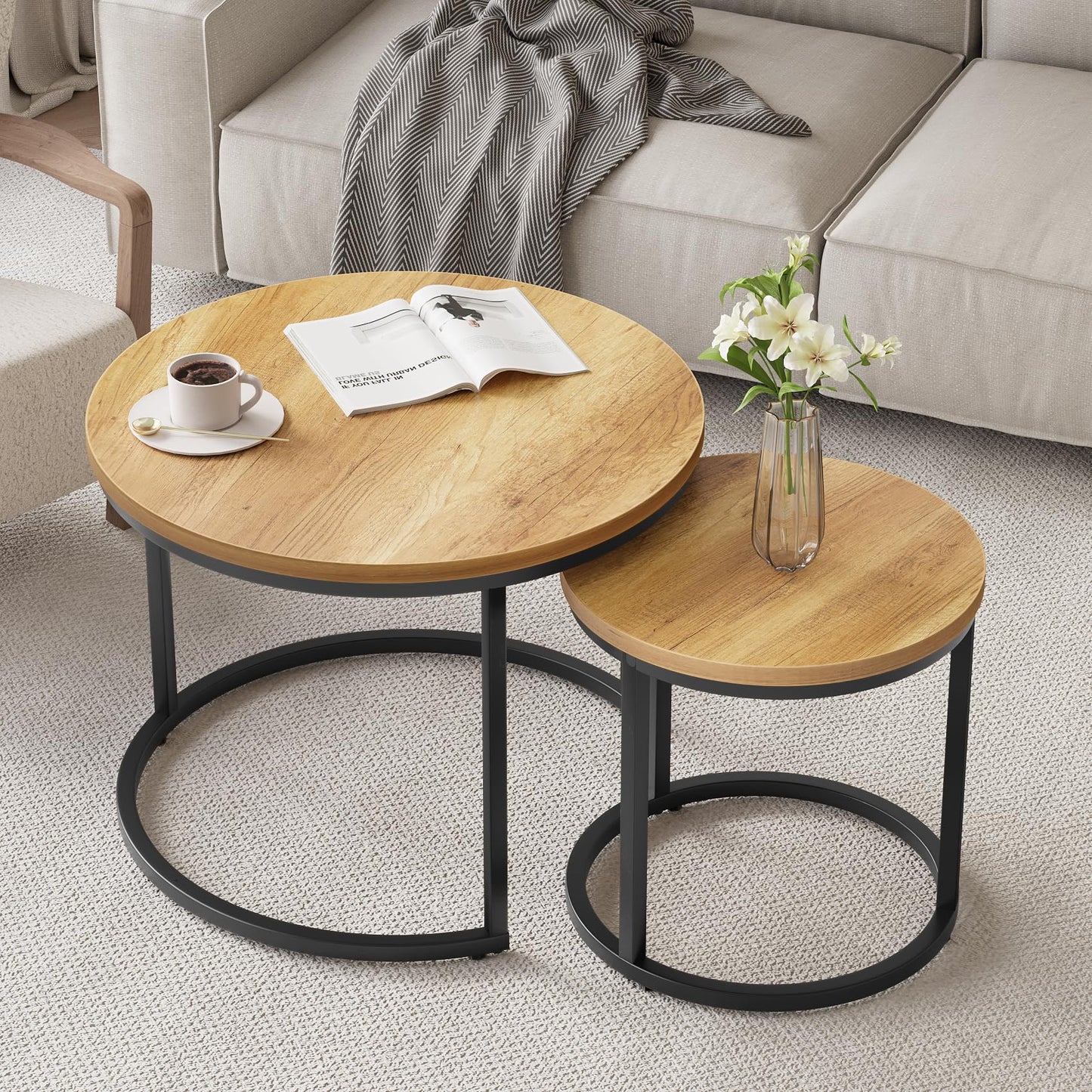 Smuxee Nesting Coffee Table Set of 2, 23.6" Round Coffee Table Brown Wood with Adjustable Non-Slip Feet, Industrial End Table Side Tables for Living Room Bedroom Balcony Yard - WoodArtSupply