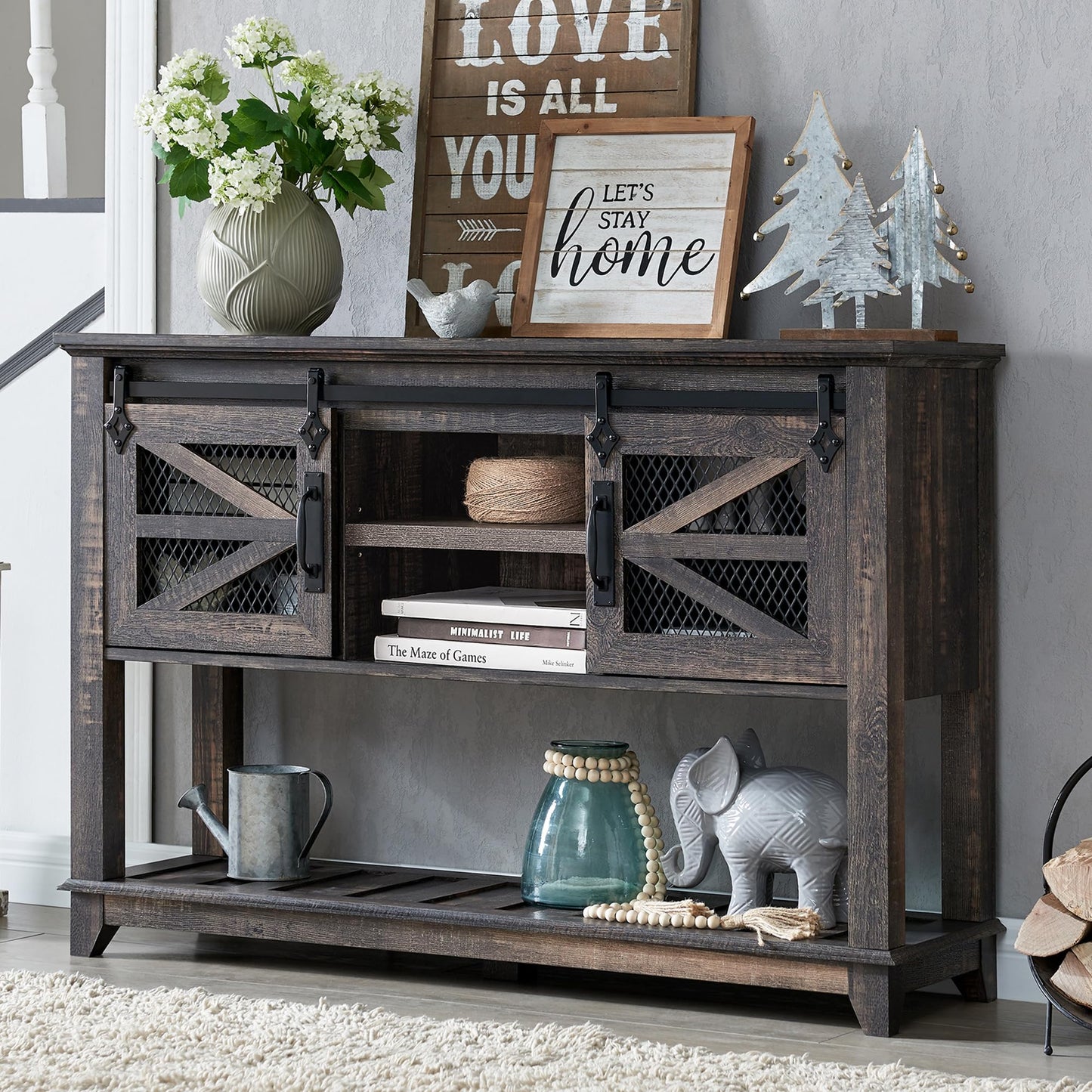 OKD Entryway Table w/Sliding Barn Doors, 46'' Farmhouse & Industrial Console Table with Storage, Sofa Table w/Adjustable Shelf & Open Shelf for Entry Way, Hallway, Living Room, Dark Rustic Oak