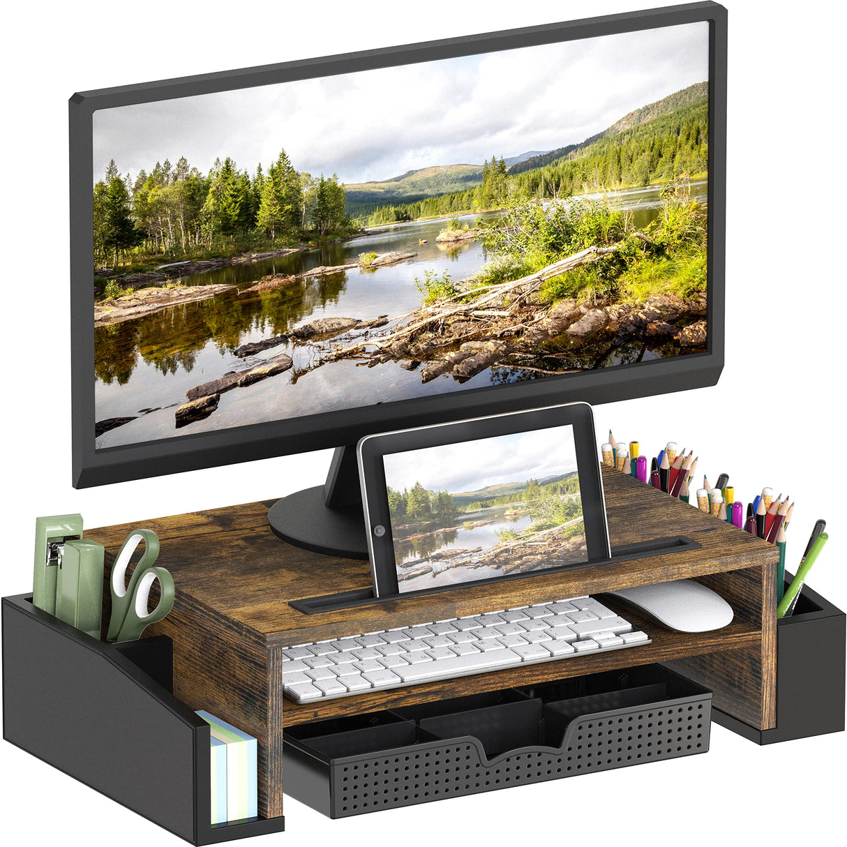Simple Houseware Desk Monitor Stand Riser with Adjustable Organizer Tray, Rustic Brown Simple Houseware