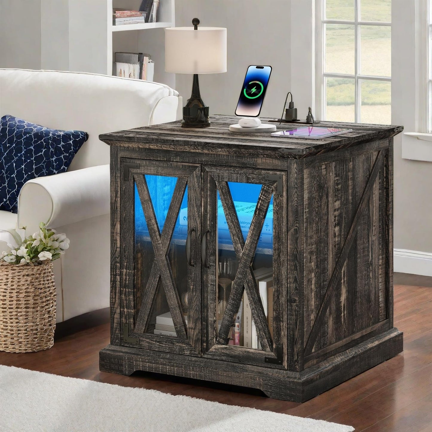 YITAHOME Farmhouse End Table with Charging Station, Sofa Side Coffee Table with LED Lights, Bedside Table, Nightstand Storage for Living Room, Bedroom, Office, Dark Rustic Oak