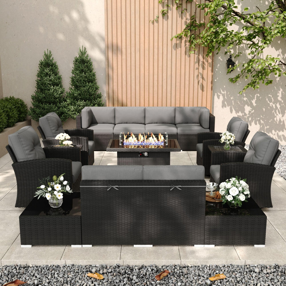 KHOLH Patio Furniture Set with Fire Pit Table, 15 Pieces Outdoor All-Weather Wicker Conversation Sectional Chair Sofa Set with 4 Swivel Chairs KHOLH