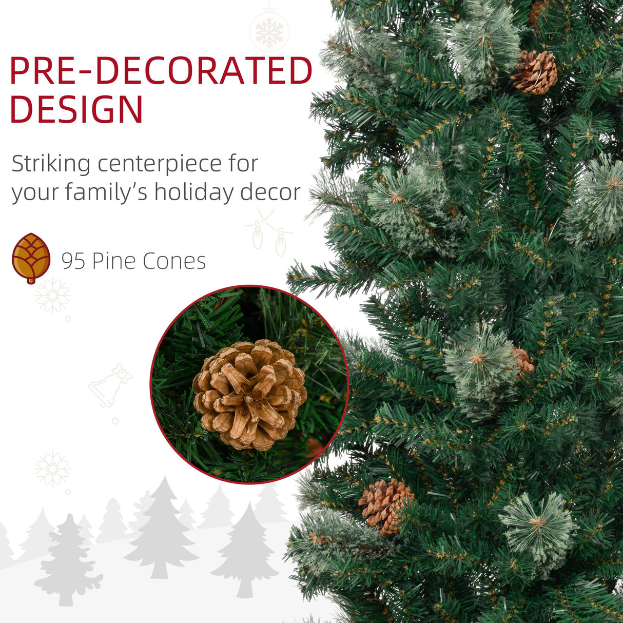 HOMCOM 9.5 Foot Pencil Artificial Christmas Tree, Slim Pine Needles Xmas Tree with Realistic Branches, Pine Cones, Metal Base, Green HOMCOM